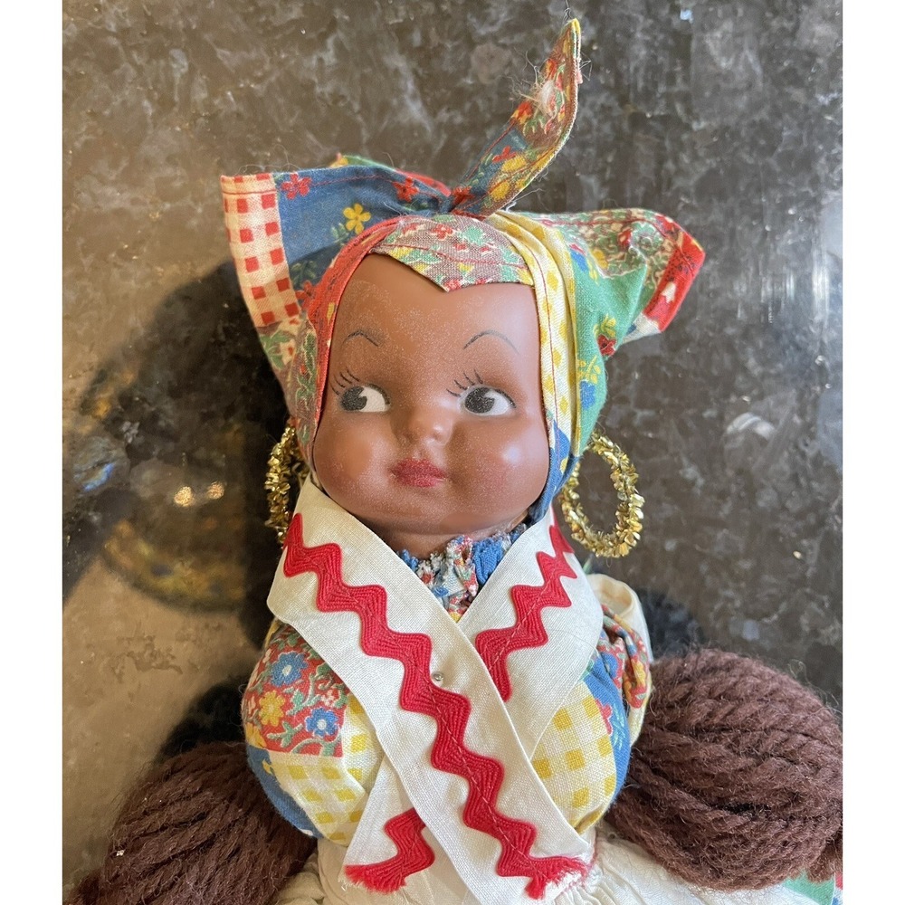 Vintage African American Cloth Rag Doll Primitive Folk Hand Made Plastic Face